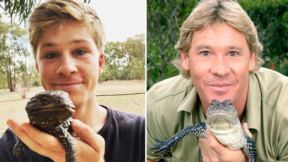 A split image of Robert Irwin and his late father Steve.