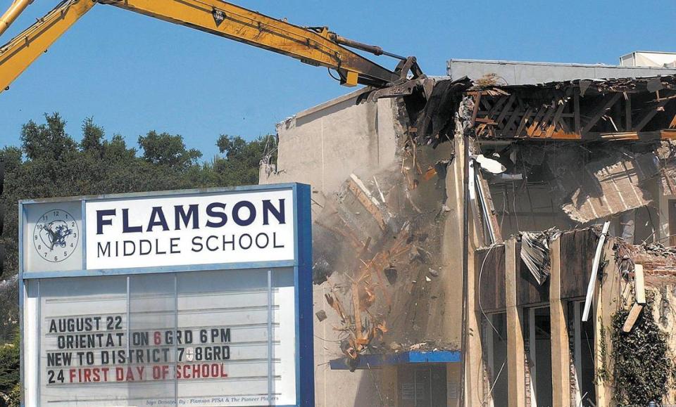 The old Flamson Middle School building was torn down June 24, 2005. The building was damaged in the San Simeon Earthquake.