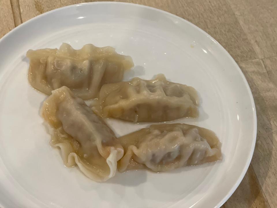 microwaved potstickers on a plate