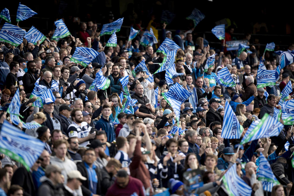 Auckland Blues supporters cheer their team during the Super Rugby Aotearoa rugby match between the Blues and the Hurricanes at Eden Park, in Auckland, New Zealand, Sunday, June 14, 2020. The Blues defeated the hurricanes 30-20. (Dean Purcell/New Zealand Herald via AP)