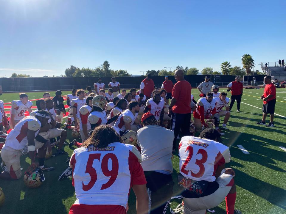 COD head coach Jack Steptoe talks to team after the big loss to Mt. San Jacinto.