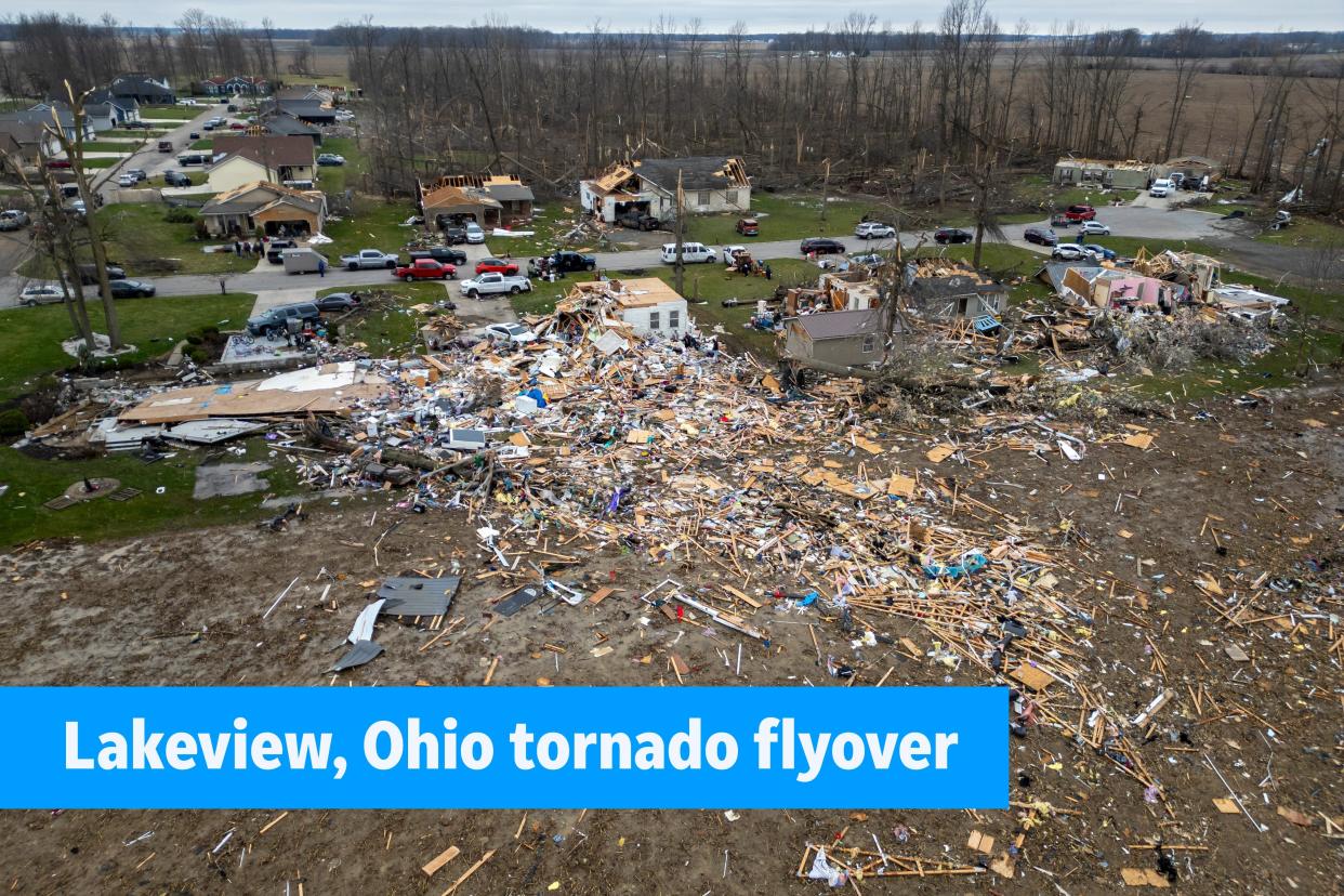 Mar 15, 2024; Lakeview, Ohio, USA; Drone footage shows the damage after a tornado struck the Lakeview, Ohio community.