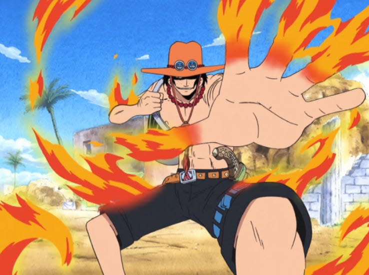 portgas d. ace in the one piece anime. he has flames spewing out of his fingers andaround his body, and is shirtless with black shorts and a yellow hat