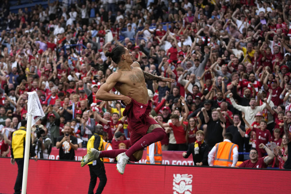 Liverpool's Darwin Nunez celebrates after scoring his side's third goal during the FA Community Shield soccer match between Liverpool and Manchester City at the King Power Stadium in Leicester, England, Saturday, July 30, 2022. (AP Photo/Frank Augstein)