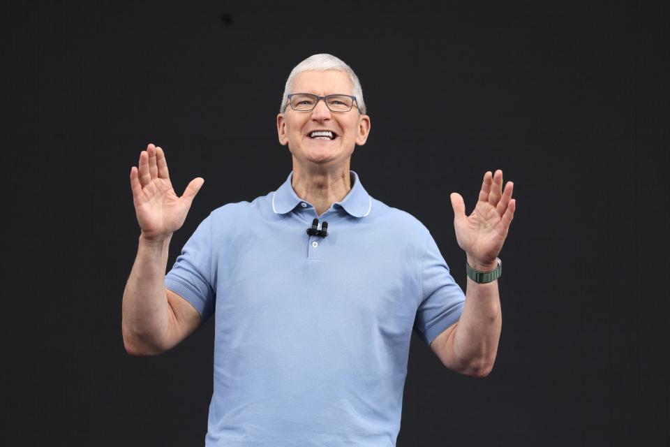Apple CEO Tim Cook spricht vor dem Beginn der Apple Worldwide Developers Conference am 05. Juni 2023 in Cupertino, Kalifornien. - Copyright: Justin Sullivan/Getty Images