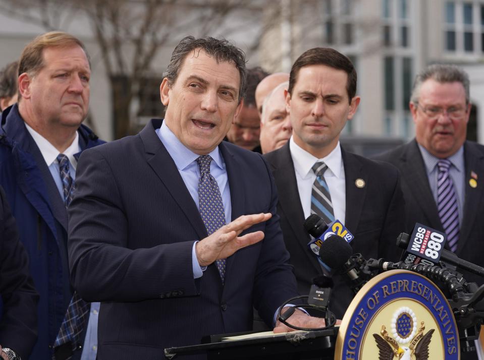 North Castle supervisor Michael Schiliro offers comments on Gov. Hochul's housing and infrastructure plan during a press conference outside the North Castle town hall in Armonk, on Tuesday, March 7, 2023.