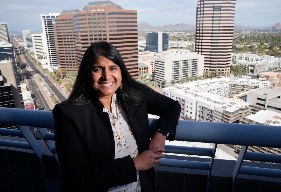 Roopali Desai stands in her office at Coppersmith Brockelman PLC in Phoenix on Feb. 1, 2022.