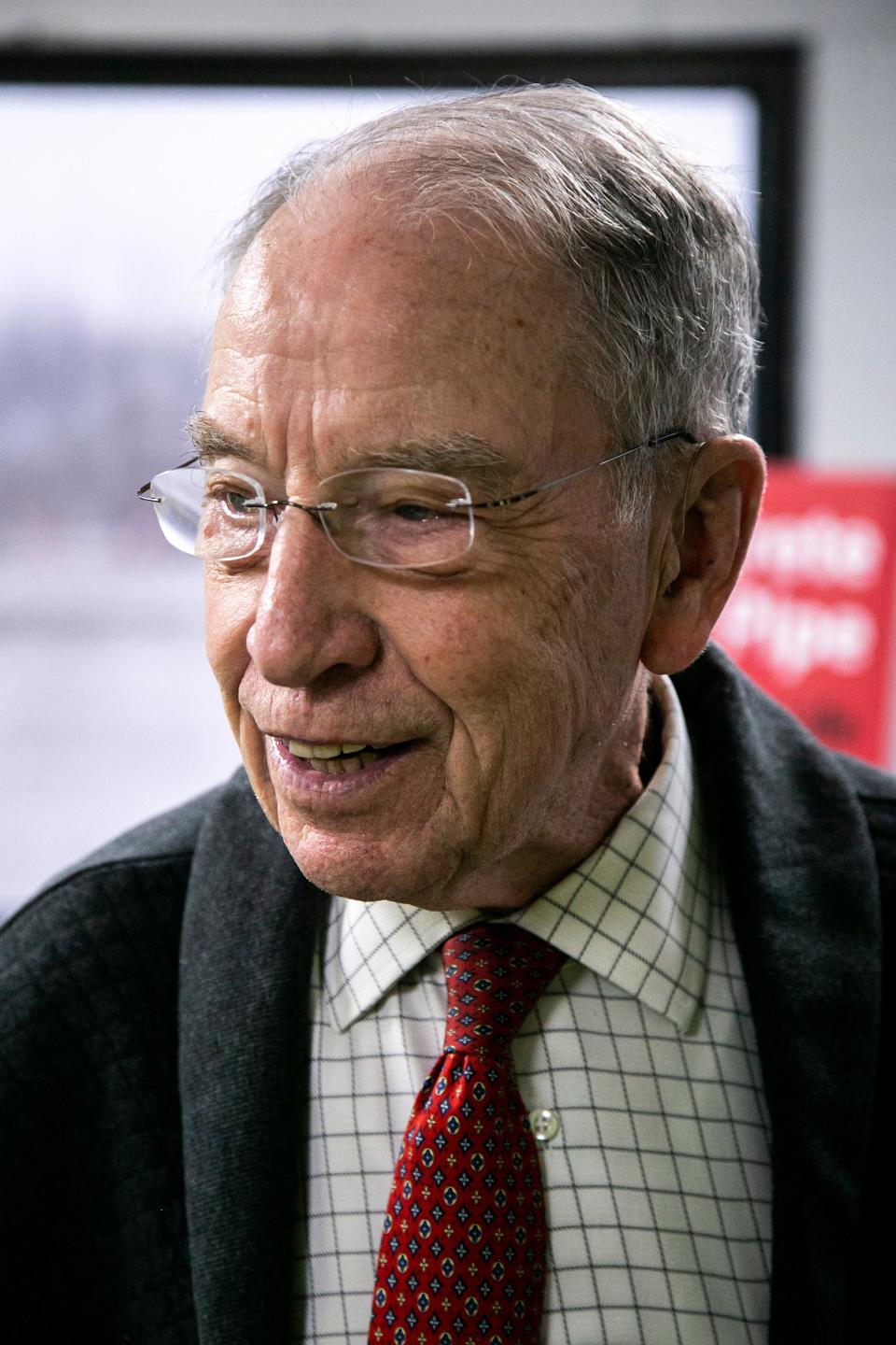 U.S. Sen. Chuck Grassley, R-Iowa, speaks with journalists after going on a tour, Friday, April 22, 2022, at the County Materials Corp. in Iowa City.
