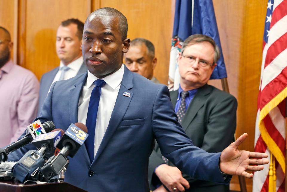 Richmond Mayor Levar Stoney gestures during a news conference at City Hall in Richmond, Va. in the wake of a violent white nationalist rally in Charlottesville.