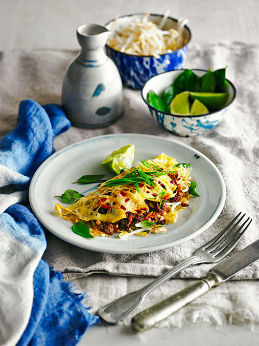 Creating this snazzy lace-like pancake is simple using an empty sauce bottle. Then pack pancakes with fragrant beef, chilli, sprouts and mint. <br><br>Click here for <span>Thai beef lace pancakes recipe</span>