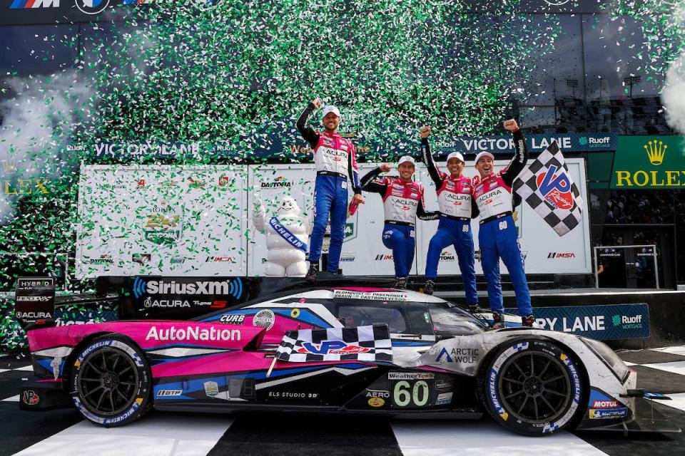 60 meyer shank racing wcurb agajanian, acura arx 06, gtp colin braun, tom blomqvist, helio castroneves, simon pagenaud, race winners, celebrate