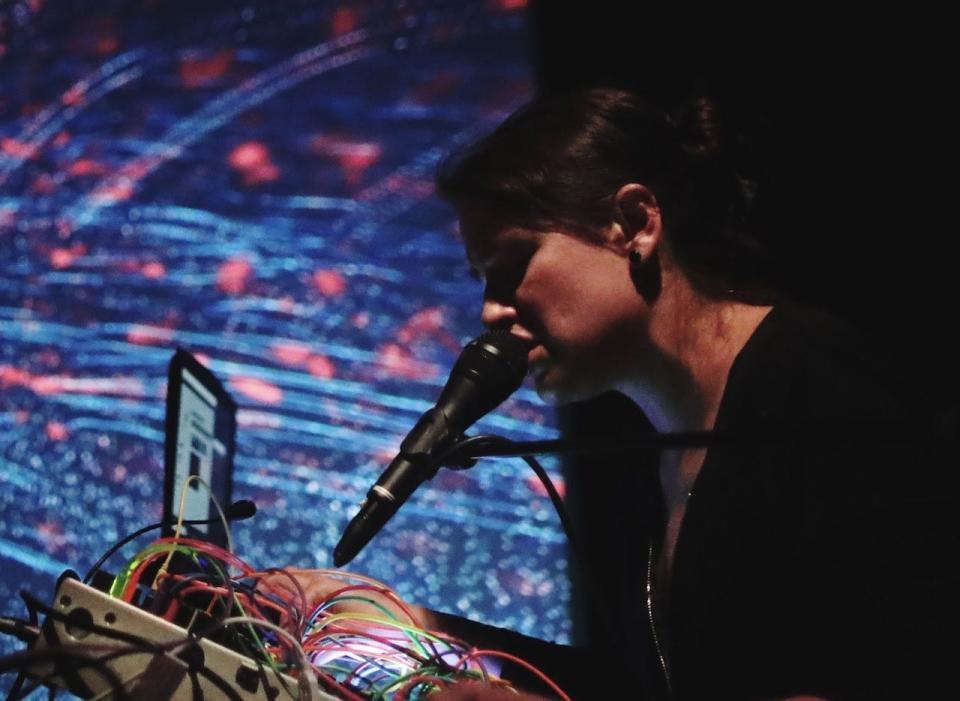 Composer and multimedia artist Sabina Covarrubias delivers the keynote address for The Performing Media Festival on March 10, 2023, at Indiana University South Bend's Northside Hall.