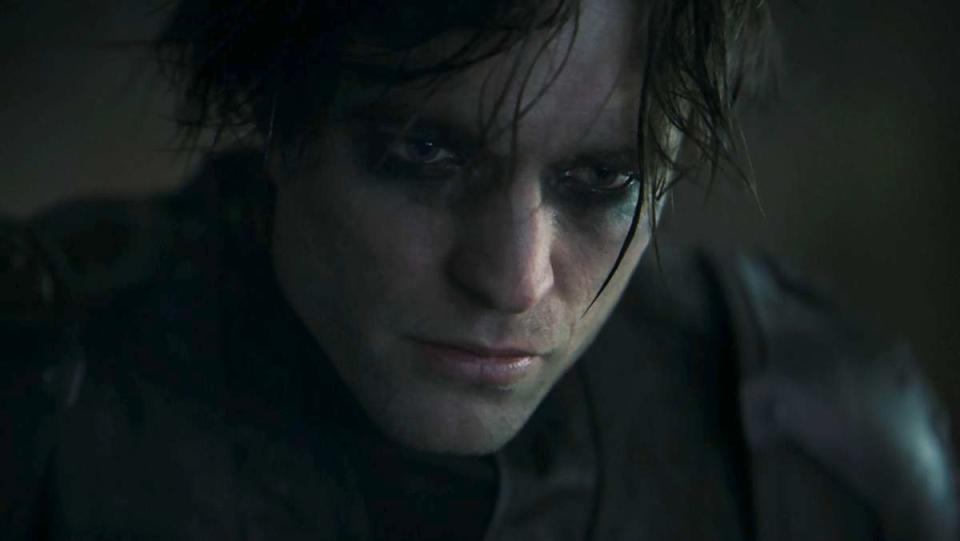 Close up of Robert Pattinson's Dark Knight with eyeliner