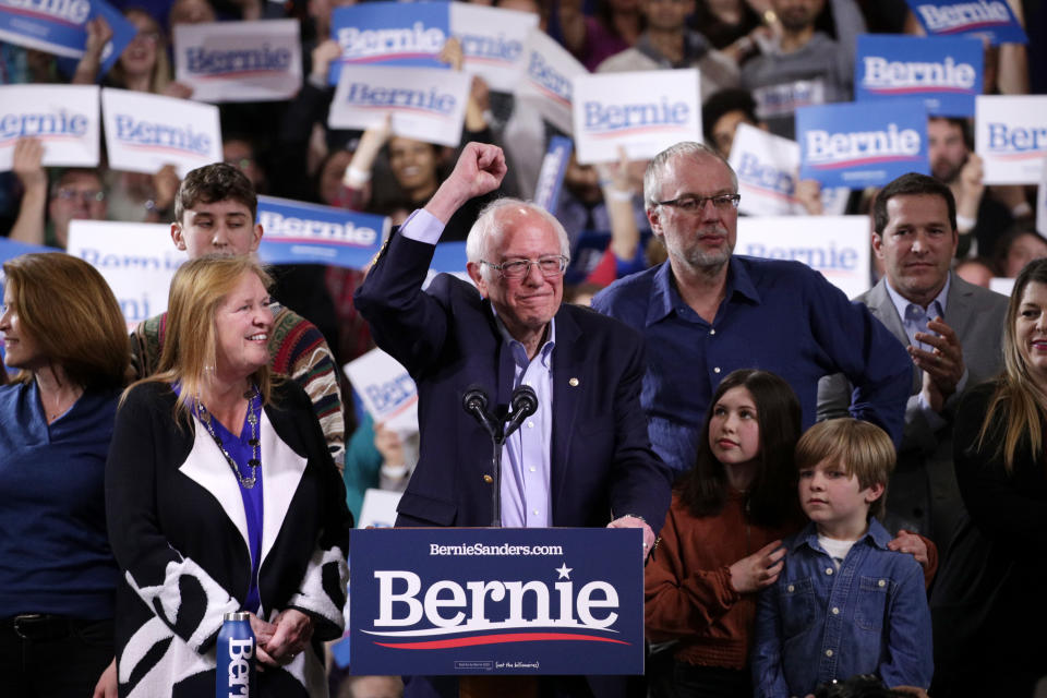 ESSEX JUNCTION, VERMONT - MARCH 03: Democratic presidential candidate Sen. Bernie Sanders (I-VT) addresses supporters at his Super Tuesday night event on March 03, 2020 in Essex Junction, Vermont. 1,357 Democratic delegates are at stake as voters cast their ballots in 14 states and American Samoa on what is known as Super Tuesday. (Photo by Alex Wong/Getty Images)