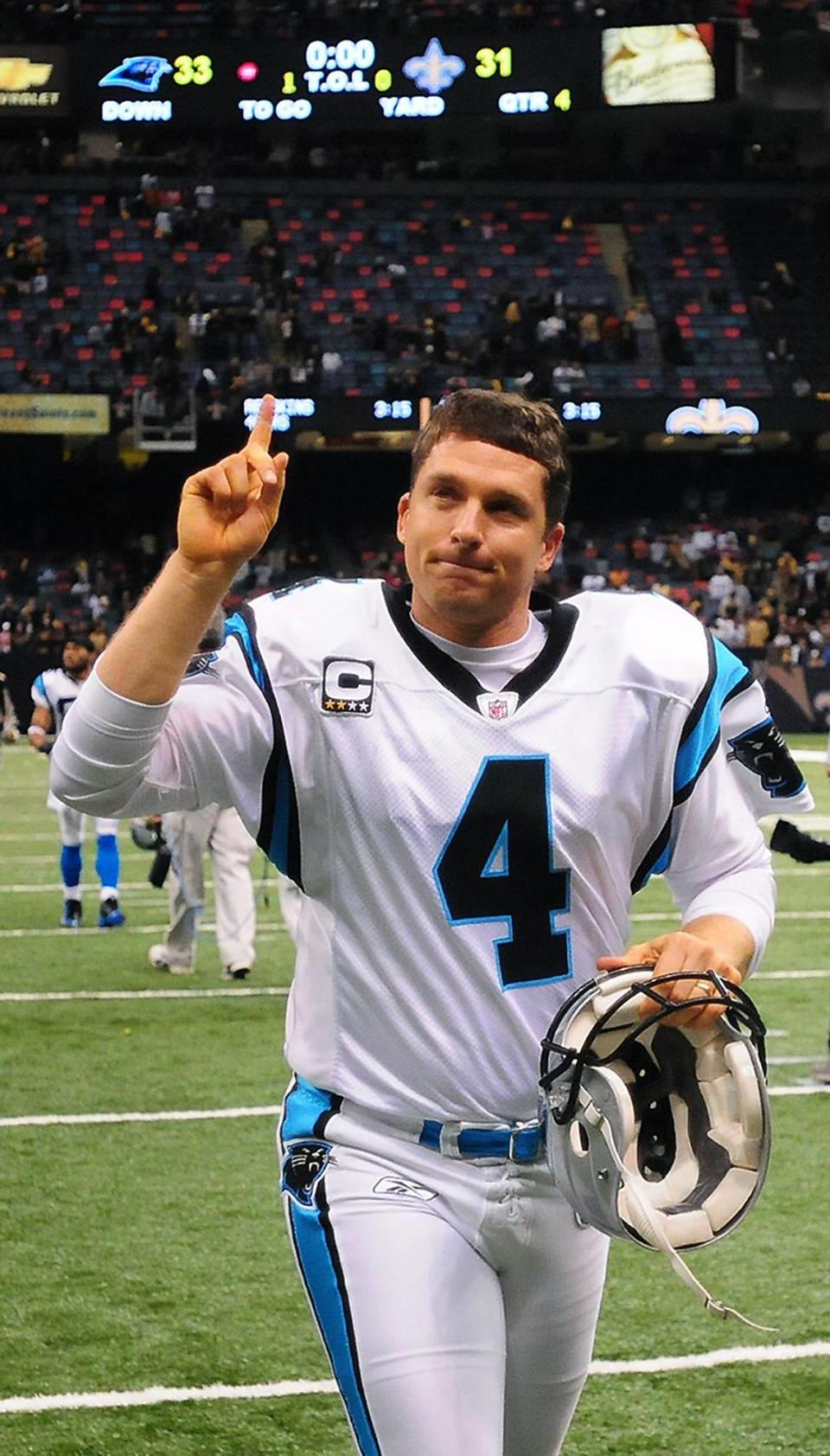 Carolina Panthers kicker John Kasay celebrates the team’s 33-31 victory over the New Orleans Saints Sunday as he runs off the field in New Orleans on Dec. 28, 2008. Kasay kicked the game-winning, 42-yard field goal. He ended his career with 1482 points with the Panthers, more than 700 more than any other Carolina player.