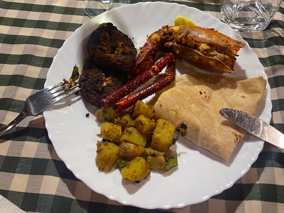 Plate of food on gingham tablecloth