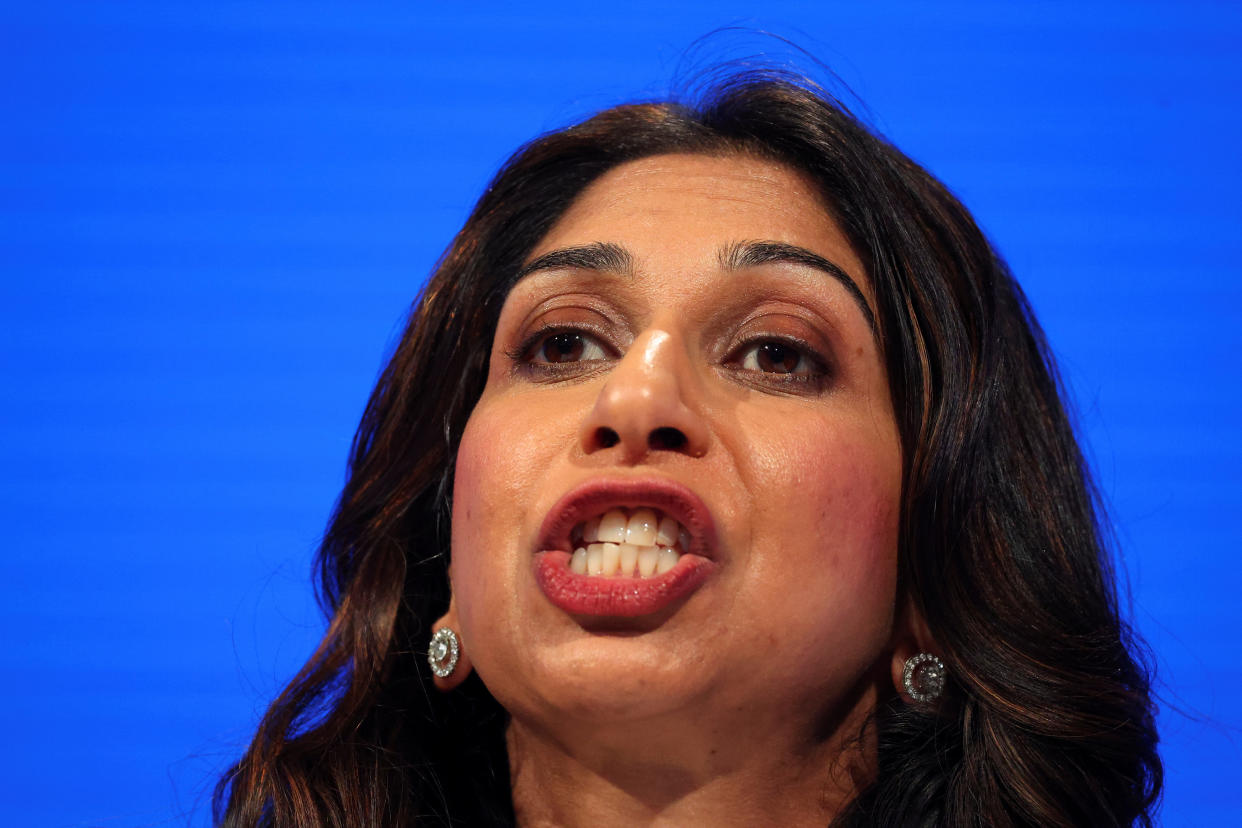 Britain's Home Secretary Suella Braverman speaks on stage at Britain's Conservative Party's annual conference in Manchester, Britain, October 3, 2023. REUTERS/Toby Melville