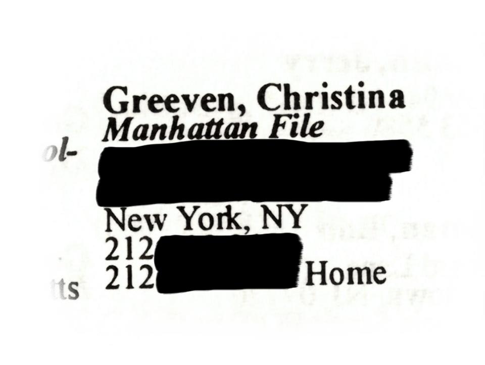 Cristina Greeven's entry in Jeffrey Epstein's address book from 1997