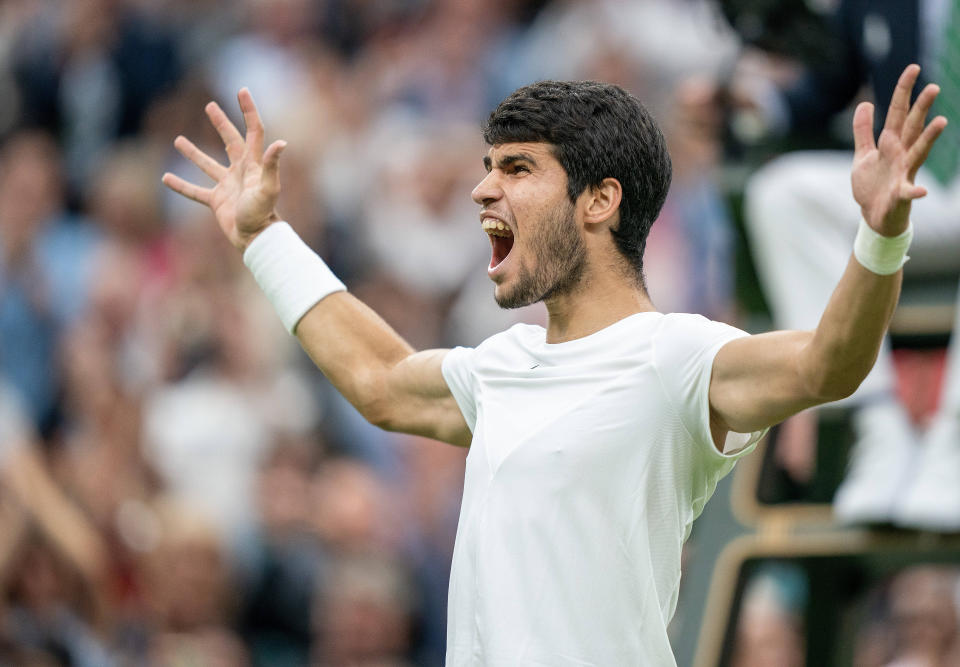 Spain's Carlos Alcaraz celebrates winning his match against Daniil Medvedev that secured him a place in a first Wimbledon final (Reuters via Beat Media Group subscription)