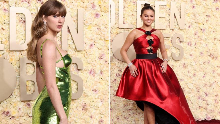 (Left) Taylor Swift in Gucci and (Right) Selena Gomez in Giorgio Armani Privé with BVLGARI jewels won the red-carpet derby at the 2024 Golden Globe Awards. (Amy Sussman/Getty Images)