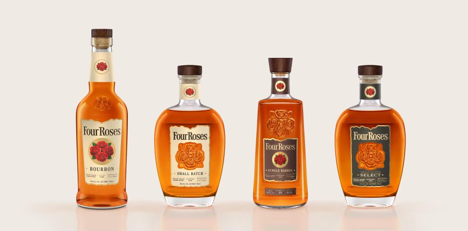Four Roses brand refresh features brightened labels with gilded borders on all bottlings to add a more contemporary look to the brand’s design, and a new typeface, Publico, "adds a timeless elegance," according to the distillery.