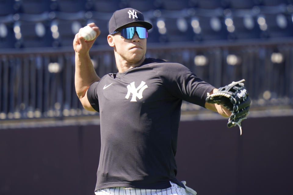 New York Yankees' Aaron Judge takes part in a drill during a spring training baseball workout Tuesday, Feb. 23, 2021, in Tampa, Fla. (AP Photo/Frank Franklin II)