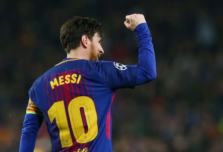 El delantero argentino del Barcelona celebra su segundo gol en el triunfo por 3-0 sobre el Chelsea por la Liga de Campeones, Estadio Camp Nou, Barcelona, España, Marzo 14, 2018 REUTERS/Albert Gea