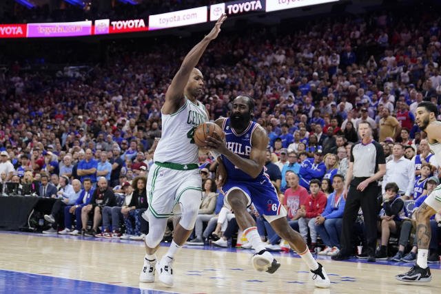 Philadelphia 76ers&#39; James Harden drives against Boston Celtics&#39; Al Horford during the second half of Game 6 of an NBA basketball playoffs Eastern Conference semifinal, Thursday, May 11, 2023, in Philadelphia. (AP Photo/Matt Slocum)