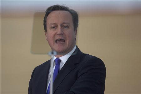 Britain's Prime Minister David Cameron delivers a speech urging Scotland to remain part of the UK at the Olympic Park in east London February 7, 2014. REUTERS/Neil Hall