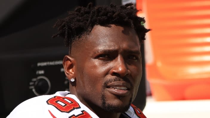 This October 2021 photo shows then-Tampa Bay Buccaneers player Antonio Brown looking on during a game against the Miami Dolphins in Tampa, Florida. (Photo: Mike Ehrmann/Getty Images)