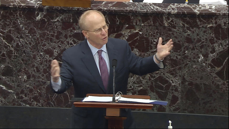 In this image from video, David Schoen, an attorney for former President Donald Trump, speaks during the second impeachment trial of Trump in the Senate at the U.S. Capitol in Washington, Tuesday, Feb. 9, 2021. (Senate Television via AP)