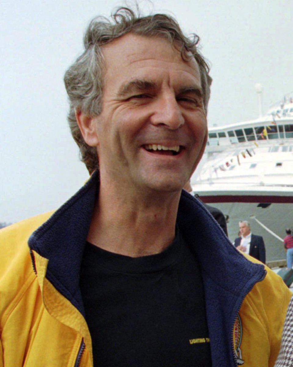 FILE - Commander Paul-Henri Nargeolet laughs, at Black Falcon Pier in Boston on Sept. 1, 1996. The missing submersible Titan imploded near the wreckage of the Titanic, killing all five people aboard, Shahzada Dawood, Suleman Dawood, Paul-Henri Nargeolet, Stockton Rush, and Hamish Harding, the U.S. Coast Guard announced, Thursday, June 22, 2023. (AP Photo/Jim Rogash, File)