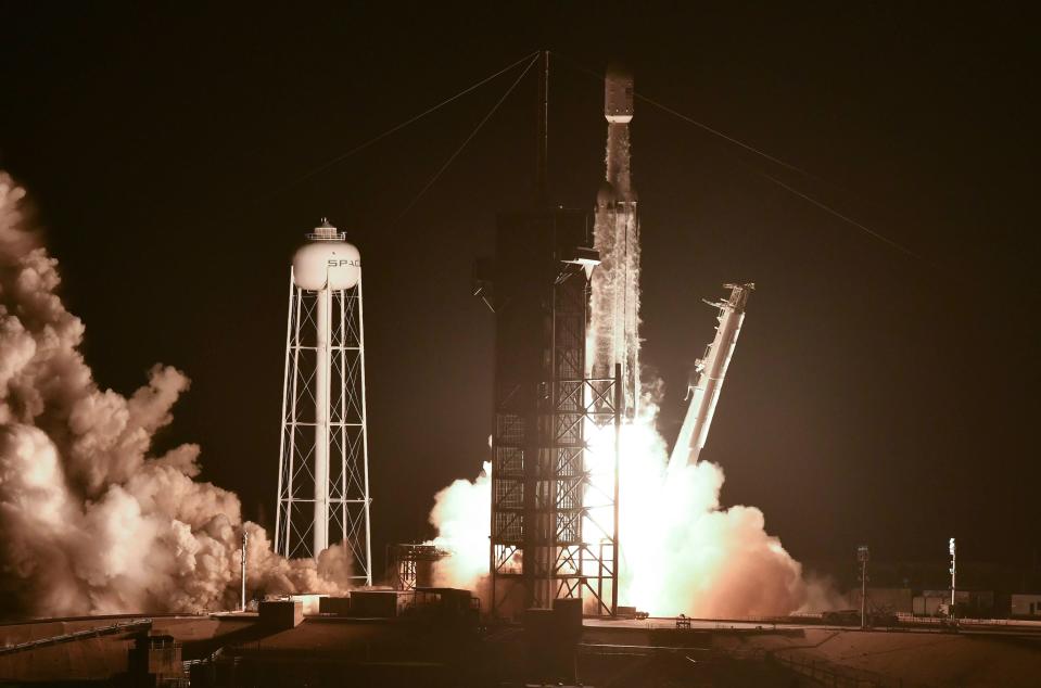 A SpaceX Falcon Heavy rocket lifts off from Pad 39A at Kennedy Space Center Tuesday morning, June 25, 2019.  The rocket is carrying multiple payloads for the DoD and NASA.