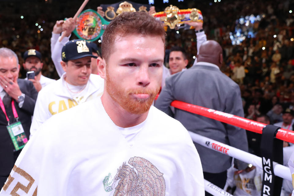 LAS VEGAS, NEVADA - MAY 04:  Canelo Alvarez waits in the ring prior to his middleweight unification fight against Daniel Jacobs at T-Mobile Arena on May 04, 2019 in Las Vegas, Nevada. (Photo by Tom Hogan/Golden Boy/Golden Boy/Getty Images)