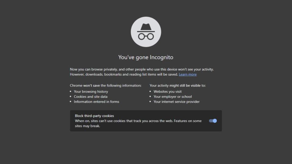 Incognito Mode disclaimer message on Google Chrome