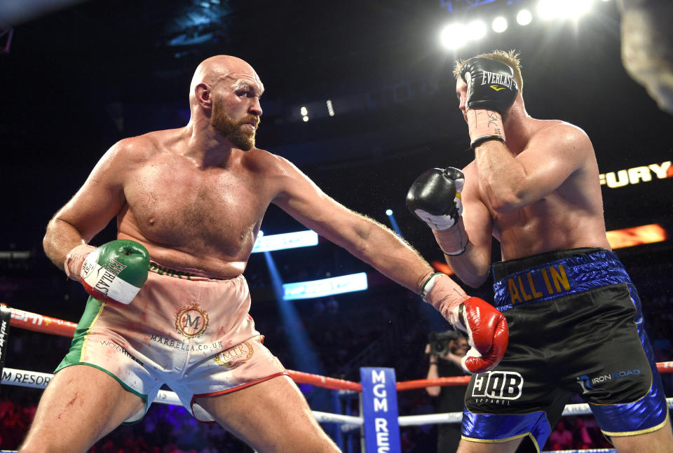 LAS VEGAS, NEVADA - SEPTEMBER 14: Tyson Fury (L) and Otto Wallin fight during their heavyweight bout at T-Mobile Arena on September 14, 2019 in Las Vegas, Nevada. Tyson won by an unanimous decision after the 12-round bout.  (Photo by David Becker/Getty Images)