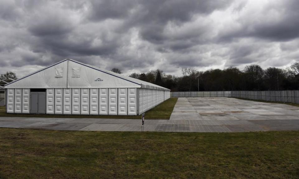 ‘Holding point’ … a makeshift morgue being built in Wanstead Flats, east London, one of 200 temporary mortuaries being built in the UK.