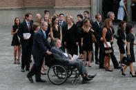 <p>Former President George H.W. Bush attends the funeral service for his wife, former first lady Barbara Bush, with his son the 43rd U.S. President George W. Bush at St. Martin’s Episcopal Church in Houston, Texas, April 21, 2018. (Photo: Richard Carson/Reuters) </p>