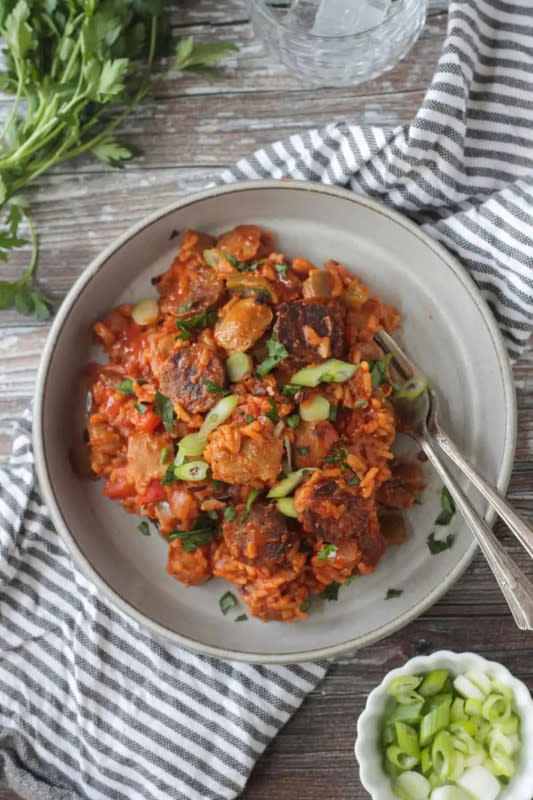 <p>Veggie Inspired</p><p>Packed with plant based protein, lots of veggies, and smoky flavor, this Vegan Jambalaya is hearty and comforting!</p><p><strong>Get the recipe: <a href="https://www.veggieinspired.com/vegan-jambalaya/" rel="nofollow noopener" target="_blank" data-ylk="slk:Vegan Jambalaya;elm:context_link;itc:0;sec:content-canvas" class="link rapid-noclick-resp">Vegan Jambalaya</a></strong></p>