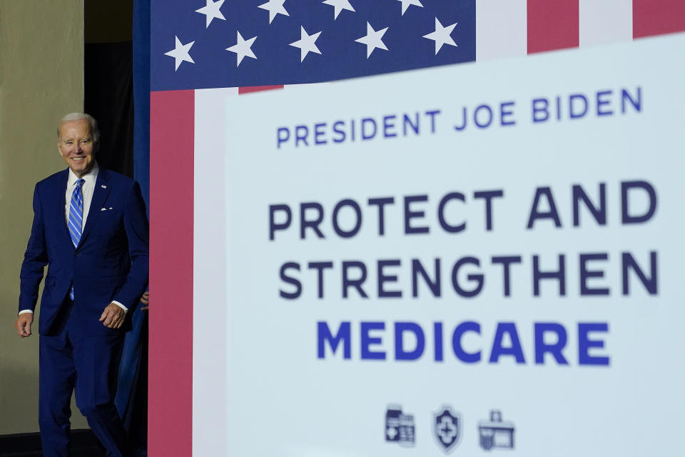 President Joe Biden arrives to speak about his administration's plans to protect Social Security and Medicare and lower healthcare costs, Feb. 9, 2023, at the University of Tampa in Tampa, Fla. Most U.S. adults are opposed to proposals that would cut into Medicare or Social Security benefits, and a majority support raising taxes on the nation's highest earners to keep Medicare running as is. The new findings, revealed in a March poll by The Associated Press-NORC Center for Public Affairs Research, come as both safety net programs are poised to run out of enough cash to pay out full benefits within the next decade. (AP Photo/Patrick Semansky, File)