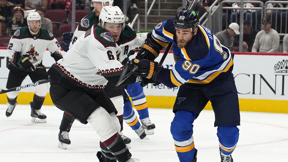 Arizona Coyotes defenseman Jakob Chychrun (6) and St. Louis Blues center Ryan O'Reilly are two high-profile players who could be on the move by the NHL trade deadline. (AP Photo/Rick Scuteri)