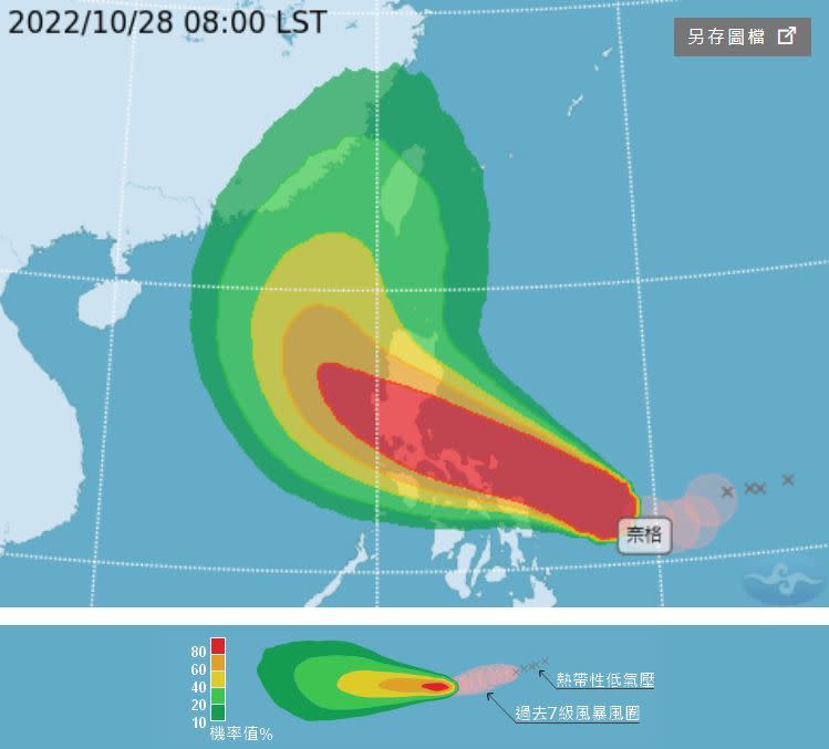 氣象局公布，奈格颱風最新暴風圈侵襲機率。（圖／翻攝自中央氣象局）