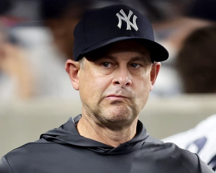 Aug 19, 2022; Bronx, New York, USA; New York Yankees manager Aaron Boone (17) reacts during the ninth inning against the Toronto Blue Jays at Yankee Stadium.