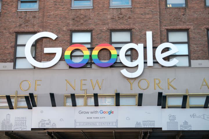 Google sign displaying pride colors at their office building in Chelsea