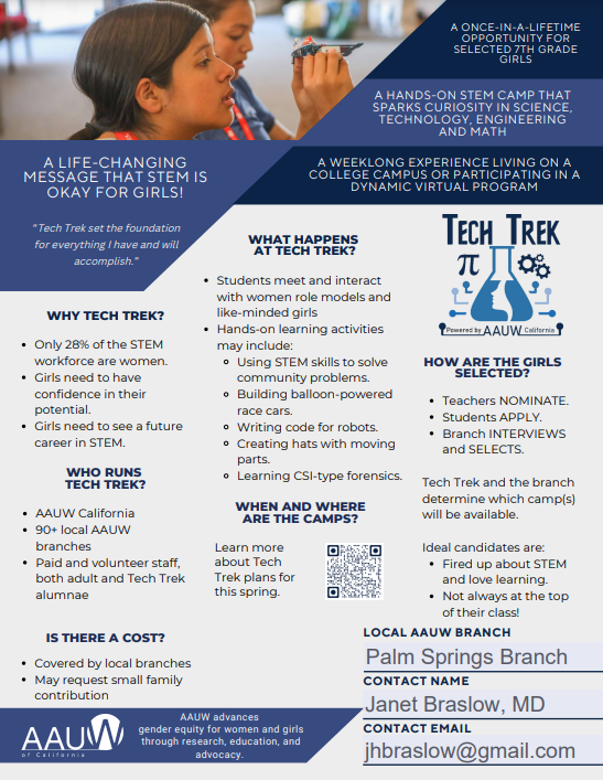 A 2023 flyer from the Coachella Valley chapter of the American Association of University Women details information about Tech Trek, a week-long summer camp program for girls interested in learning about STEM.