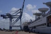 Chinese research ship Yuan Wang 5, right, is seen berthed at the Hambantota International Port in Hambantota, Sri Lanka, Tuesday, Aug. 16, 2022. The ship was originally set to arrive Aug. 11 but the port call was deferred due to apparent security concerns raised by India. (AP Photo/Eranga Jayawardena)