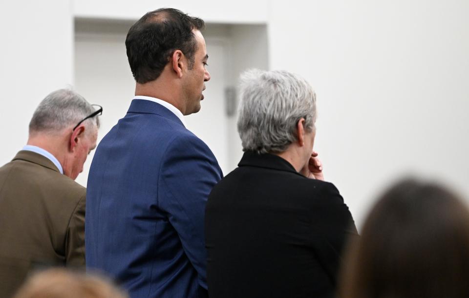 Johns Hopkins All Children's Hospital attorneys, Howard Hunter, Ethen Shapiro, and Patricia Crauwels, on right, asking Judge Hunter for the third time for a mistrial during court on Monday, Oct. 9, 2023 at the South County Courthouse in Venice, Florida.