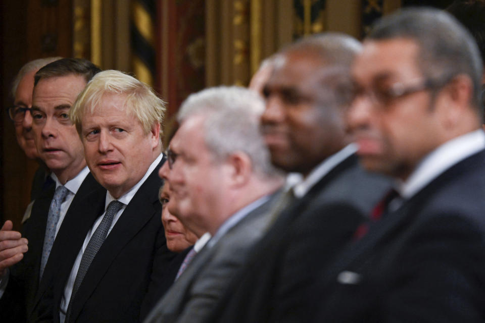 Former British Prime Minister Boris Johnson, third from left, looks on during a state visit of South African President Cyril Ramaphosa at the Houses of Parliament in London, Tuesday Nov. 22, 2022. (Toby Melville/Pool photo via AP)