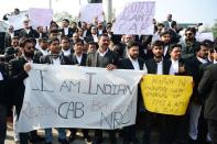 Advocates at the Allahabad High Court take part in a protest against India's new citizenship law in Allahabad on December 17, 2019. - Fresh protests against India's new citizenship law erupted December 17 as alleged police brutality fuelled fury against the legislation which critics say is anti-Muslim. (Photo by SANJAY KANOJIA / AFP) (Photo by SANJAY KANOJIA/AFP via Getty Images)