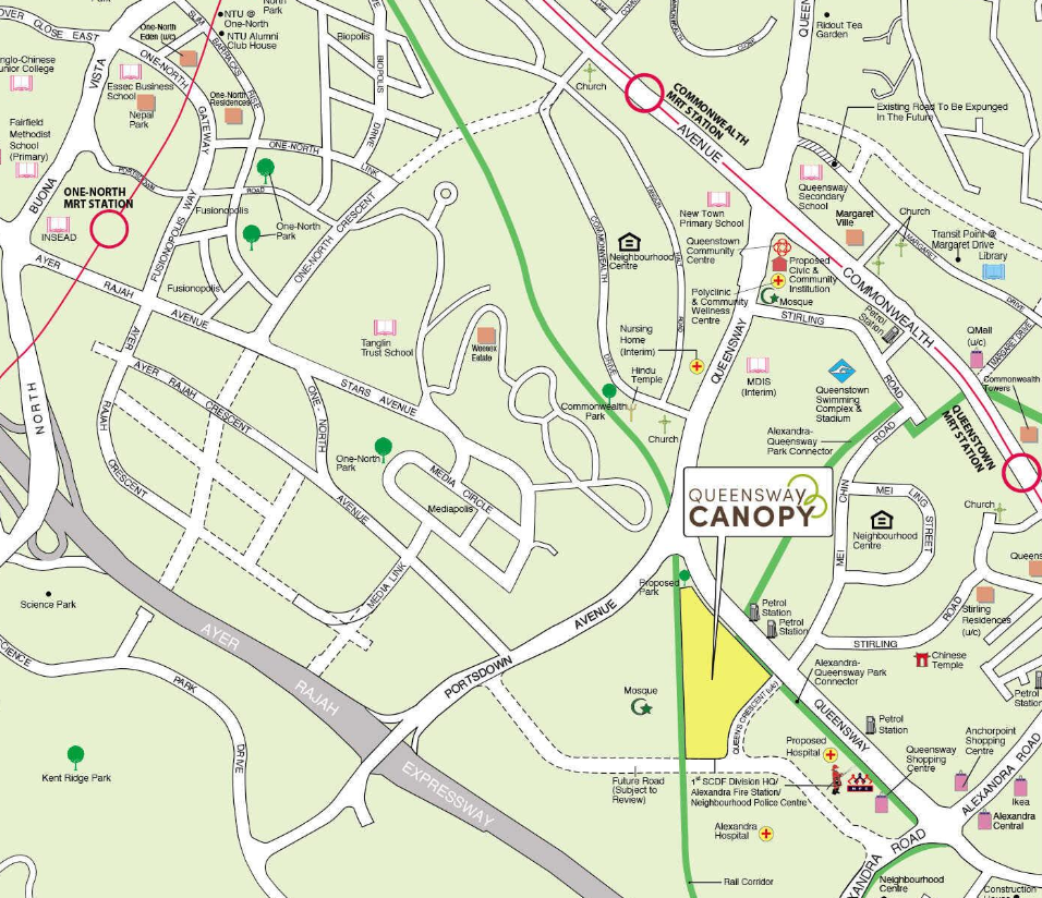 Location of Queensway Canopy Nov 2022 Queenstown BTO flats, located at the confluence of Portsdown Avenue and Queensway. Source: HDB